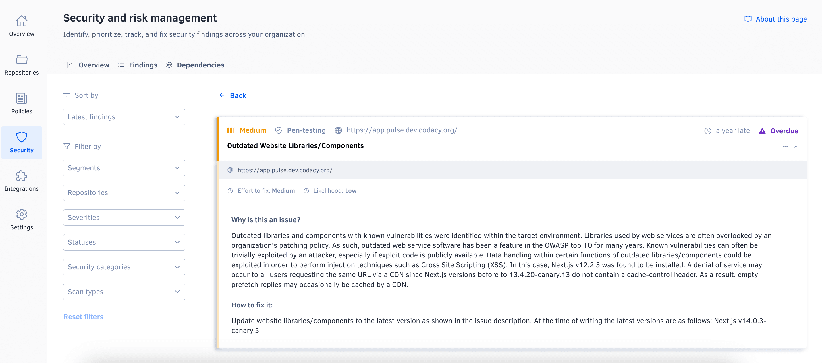 Security and risk management finding page